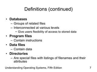 Understanding Operating Systems, Fifth Edition 7
Definitions (continued)
• Databases
– Groups of related files
– Interconnected at various levels
• Give users flexibility of access to stored data
• Program files
– Contain instructions
• Data files
– Contain data
• Directories
– Are special files with listings of filenames and their
attributes
 
