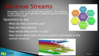 Remember, price is not the key here, Value is. The question
is what value are your customers willing to pay for and how
much will they pay?
Questions to ask:
 What do they currently pay?
 How are they paying?
 How would they prefer to pay?
 How much does each revenue stream contribute to the
overall revenue?
M01L04 15
 