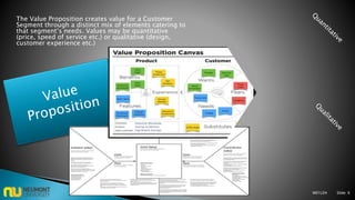 The Value Proposition creates value for a Customer
Segment through a distinct mix of elements catering to
that segment’s needs. Values may be quantitative
(price, speed of service etc.) or qualitative (design,
customer experience etc.)
M01L04 Slide: 6
 