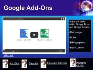 Google Add-Ons 
Automate tasks within Google Docs and Google Sheets 
- 
Mail merge 
- 
labels 
- 
Bibliographies 
- 
Much... more! 
Add- 
Ons 
Education Add-Ons 
Samples 
Doctopus Add-On 
Video link  