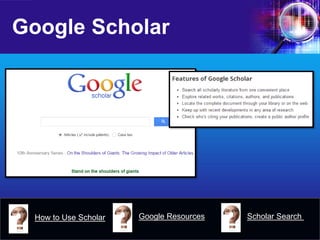 Google Scholar 
How to Use Scholar 
Google Resources 
Scholar Search  
