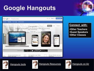 Google Hangouts 
Connect with: 
•Other Teachers 
•Guest Speakers 
•Other Classes 
Hangouts tools 
Hangouts Resources 
Hangouts on Air  