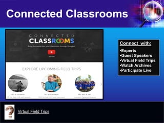 Connected Classrooms 
Virtual Field Trips 
Connect with: 
•Experts 
•Guest Speakers 
•Virtual Field Trips 
•Watch Archives 
•Participate Live  