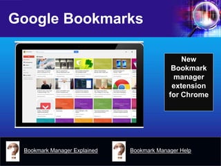 Google Bookmarks 
New Bookmark manager extension for Chrome 
Bookmark Manager Explained 
Bookmark Manager Help  