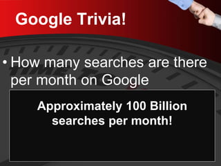 Google Trivia! 
• 
How many searches are there per month on Google 
Approximately 100 Billion searches per month!  