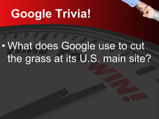 Google Trivia! 
• 
What does Google use to cut the grass at its U.S. main site?  