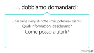 … dobbiamo domandarci:
Cosa tiene svegli di notte i miei potenziali clienti?
Quali informazioni desiderano?
Come posso aiutarli?
 