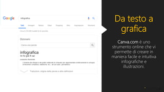 Da testo a
grafica
Canva.com è uno
strumento online che vi
permette di creare in
maniera facile e intuitiva
infografiche e
illustrazioni.
 