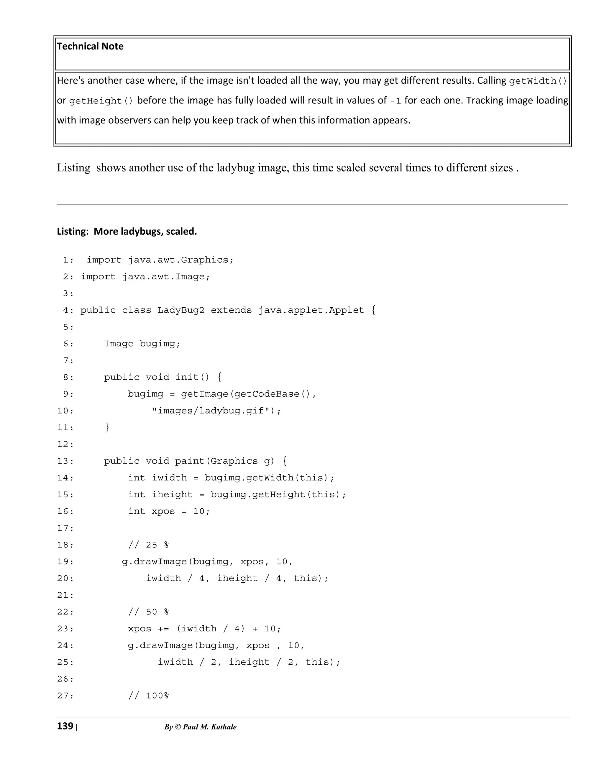 139 | By © Paul M. Kathale
Technical Note
Here's another case where, if the image isn't loaded all the way, you may get different results. Calling getWidth()
or getHeight() before the image has fully loaded will result in values of -1 for each one. Tracking image loading
with image observers can help you keep track of when this information appears.
Listing shows another use of the ladybug image, this time scaled several times to different sizes .
Listing: More ladybugs, scaled.
1: import java.awt.Graphics;
2: import java.awt.Image;
3:
4: public class LadyBug2 extends java.applet.Applet {
5:
6: Image bugimg;
7:
8: public void init() {
9: bugimg = getImage(getCodeBase(),
10: "images/ladybug.gif");
11: }
12:
13: public void paint(Graphics g) {
14: int iwidth = bugimg.getWidth(this);
15: int iheight = bugimg.getHeight(this);
16: int xpos = 10;
17:
18: // 25 %
19: g.drawImage(bugimg, xpos, 10,
20: iwidth / 4, iheight / 4, this);
21:
22: // 50 %
23: xpos += (iwidth / 4) + 10;
24: g.drawImage(bugimg, xpos , 10,
25: iwidth / 2, iheight / 2, this);
26:
27: // 100%
 