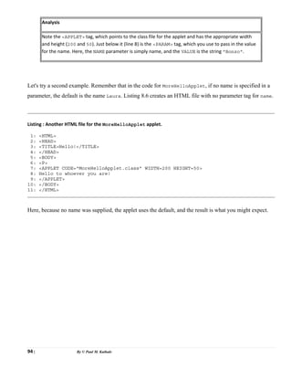94 | By © Paul M. Kathale
Analysis
Note the <APPLET> tag, which points to the class file for the applet and has the appropriate width
and height (200 and 50). Just below it (line 8) is the <PARAM> tag, which you use to pass in the value
for the name. Here, the NAME parameter is simply name, and the VALUE is the string "Bonzo".
Let's try a second example. Remember that in the code for MoreHelloApplet, if no name is specified in a
parameter, the default is the name Laura. Listing 8.6 creates an HTML file with no parameter tag for name.
Listing : Another HTML file for the MoreHelloApplet applet.
1: <HTML>
2: <HEAD>
3: <TITLE>Hello!</TITLE>
4: </HEAD>
5: <BODY>
6: <P>
7: <APPLET CODE="MoreHelloApplet.class" WIDTH=200 HEIGHT=50>
8: Hello to whoever you are!
9: </APPLET>
10: </BODY>
11: </HTML>
Here, because no name was supplied, the applet uses the default, and the result is what you might expect.
 