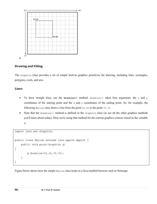 96 | By © Paul M. Kathale
•
Drawing and Filling
The Graphics class provides a set of simple built-in graphics primitives for drawing, including lines, rectangles,
polygons, ovals, and arcs
Lines
• To draw straight lines, use the drawLine() method. drawLine() takes four arguments: the x and y
coordinates of the starting point and the x and y coordinates of the ending point. So, for example, the
following MyLine class draws a line from the point 25,25 to the point 75,75.
• Note that the drawLine() method is defined in the Graphics class (as are all the other graphics methods
you'll learn about today). Here we're using that method for the current graphics context stored in the variable
g:
import java.awt.Graphics;
public class MyLine extends java.applet.Applet {
public void paint(Graphics g)
{
g.drawLine(25,25,75,75);
}
}
Figure below shows how the simple MyLine class looks in a Java-enabled browser such as Netscape.
 