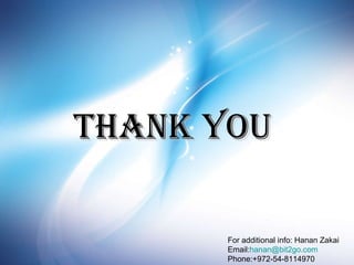 For additional info: Hanan Zakai Email: [email_address] Phone:+972-54-8114970 Thank you 