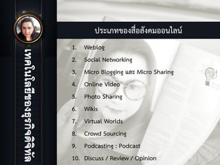 ประเภทของสื่อสังคมออนไลน
1. Weblog
2. Social Networking
3. Micro Blogging และ Micro Sharing
4. Online Video
5. Photo Sharing
6. Wikis
7. Virtual Worlds
8. Crowd Sourcing
9. Podcasting : Podcast
10. Discuss / Review / Opinion
 