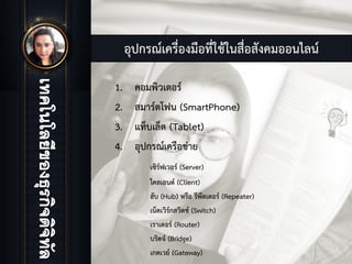 อุปกรณเครื่องมือที่ใชในสื่อสังคมออนไลน
1. คอมพิวเตอร
2. สมารตโฟน (SmartPhone)
3. แท็บเล็ต (Tablet)
4. อุปกรณเครือขาย
เซิรฟเวอร (Server)
ไคลเอนต (Client)
ฮับ (Hub) หรือ รีพีตเตอร (Repeater)
เน็ตเวิรกสวิตช (Switch)
เราเตอร (Router)
บริดจ (Bridge)
เกตเวย (Gateway)
 