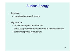 33
• Interface
– boundary between 2 layers
• significance
– protein adsorption to materials
– blood coagulation/thrombosis due to material contact
– cellular response to materials
Surface Energy
 