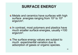 SURFACE ENERGY
Metals and ceramics have surfaces with high
surface energies ranging from 102 to 104
ergs/cm2.
In contrast, most polymers and plastics have
much smaller surface energies, usually <100
ergs/cm2.
The surface energy values are subject to
much experimental variation due to
adsorption of gases or organic species.
35
 