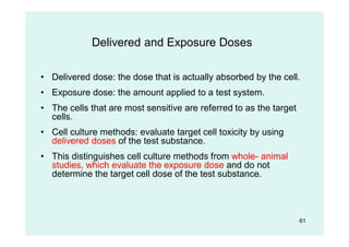 61
Delivered and Exposure Doses
• Delivered dose: the dose that is actually absorbed by the cell.
• Exposure dose: the amount applied to a test system.
• The cells that are most sensitive are referred to as the target
cells.
• Cell culture methods: evaluate target cell toxicity by using
delivered doses of the test substance.
• This distinguishes cell culture methods from whole- animal
studies, which evaluate the exposure dose and do not
determine the target cell dose of the test substance.
 