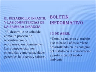 EL DESARROLLO INFANTIL            bOLETIN
Y LAS COMPETENCIAS DE             INFDORMATIVO
LA PRIMERA INFANCIA
El desarrollo se coincide
                                  13 DE AbRIL
como un proceso de
                                  Como se muestra el trabajo
reconstrucción y
reorganización permanente .       que es hace 4 años se viene
Las competencias son              desarrollando en los colegios
entendidas como capacidades       del distrito en la conservación
generales los aceres y saberes.   y protección del medio
                                  ambiente
 