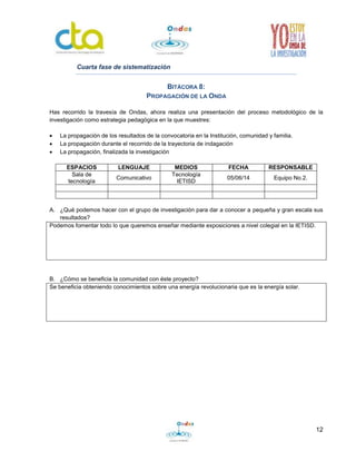 12
Cuarta fase de sistematización
BITÁCORA 8:
PROPAGACIÓN DE LA ONDA
Has recorrido la travesía de Ondas, ahora realiza una presentación del proceso metodológico de la
investigación como estrategia pedagógica en la que muestres:
 La propagación de los resultados de la convocatoria en la Institución, comunidad y familia.
 La propagación durante el recorrido de la trayectoria de indagación
 La propagación, finalizada la investigación
ESPACIOS LENGUAJE MEDIOS FECHA RESPONSABLE
Sala de
tecnología
Comunicativo
Tecnología
IETISD
05/06/14 Equipo No.2.
A. ¿Qué podemos hacer con el grupo de investigación para dar a conocer a pequeña y gran escala sus
resultados?
Podemos fomentar todo lo que queremos enseñar mediante exposiciones a nivel colegial en la IETISD.
B. ¿Cómo se beneficia la comunidad con éste proyecto?
Se beneficia obteniendo conocimientos sobre una energía revolucionaria que es la energía solar.
 