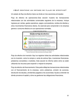 61
¿Qué contiene un estado de flujo de efectivo?
Un estado de flujo de efectivo típico se divide en tres secciones principales:
Flujo de efectivo de operaciones: Esta sección muestra las transacciones
relacionadas con las actividades comerciales regulares de la empresa. Incluye
ingresos por ventas, gastos operativos, pagos a proveedores, recibos de clientes y
otros movimientos financieros diarios. Es esencial para comprender si la empresa
genera o consume efectivo en sus operaciones normales.
Flujo de efectivo de inversión: Aquí se registran todas las actividades relacionadas
con la inversión, como la compra o venta de activos fijos, inversiones financieras,
préstamos concedidos o recibidos. Esta sección te informa sobre cómo se están
utilizando los recursos para expandir o mejorar la empresa.
Flujo de efectivo de financiamiento: Esta parte refleja las transacciones relacionadas
con el financiamiento de la empresa, como préstamos, emisión de acciones,
devolución de deudas y dividendos pagados a los accionistas. Ayuda a entender de
dónde proviene el capital y cómo se gestionan las obligaciones financieras.
imagen obtenida de: (Qué Es El Flujo de Efectivo Y Cuáles Son Los
Errores Financieros Más Comunes de Su Manejo, 2020).
Imagen del estado de flujo
 