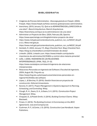 78
BIBLIOGRAFIA
▪ Imágenes de Proceso Administrativo - Descarga gratuita en Freepik. (2024).
Freepik. https://www.freepik.es/fotos-vectores-gratis/proceso-administrativo.
▪ bianchiarq. (2019, January 12). Qué es la ADMINISTRACION y DIRECCION de
una obra? - Bianchi Arquitectura. Bianchi Arquitectura.
https://bianchiarq.com/que-es-la-administracion-de-una-obra/
▪ Administrar un Proyecto de Obra. (2024, February 28). Spectra.
https://www.spectrainge.com/blog/administrar-proyecto-de-obra/
▪ https://www.mef.gob.pe/contenidos/conta_publ/con_nor_co/NIC07_04.pdf.
(n.d.). Www.mef.gob.pe.
https://www.mef.gob.pe/contenidos/conta_publ/con_nor_co/NIC07_04.pdf
▪ Zambelli, R. (2023, January 17). Blog | Checklist Fácil. Blog | Checklist Fácil.
https://blog-es.checklistfacil.com/administrador-de-obras/
▪ LinkedIn. (2024). Linkedin.com. https://www.linkedin.com/pulse/la-
importancia-de-administraci%C3%B3n-y-control-obra-melanie-pimentel/
▪ LUIS, J. (2000). INGENIERIA DE LAS RELACIONES
INTERPERSONALES. DYNA, 75(2), 31–32.
https://www.revistadyna.com/search/ingenieria-de-relaciones-
interpersonales
▪ Relaciones Personales en Ingeniería del Software | Facultad de Ingeniería.
(2024, August 26). Fing.edu.uy.
https://www.fing.edu.uy/es/cpap/cursos/relaciones-personales-en-
ingenier%C3%ADa-del-software
▪ López, I., & Sánchez, R. (2019). Gestión financiera en proyectos de
construcción. Editorial Universitaria.
▪ Kerzner, H. (2017). Project Management: A Systems Approach to Planning,
Scheduling, and Controlling. Wiley.
▪ Clough, R. H., Sears, G. A., & Sears, S. K. (2015). Construction Project
Management. Wiley.
▪ Chappell, D., & Powell-Smith, V. (2016). Building Contract Claims. Wiley-
Blackwell.
▪ Finsen, E. (2018). The Building Contract: A Commentary on the JBCC
Agreements. Juta and Company Ltd.
▪ Cushman, R. F., & Carter, J. D. (2019). Construction Law Handbook. Aspen
Publishers.
 