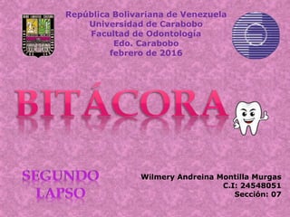 República Bolivariana de Venezuela
Universidad de Carabobo
Facultad de Odontología
Edo. Carabobo
febrero de 2016
Wilmery Andreina Montilla Murgas
C.I: 24548051
Sección: 07
 