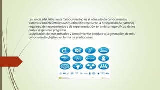 La ciencia (del latín sienta 'conocimiento') es el conjunto de conocimientos
sistemáticamente estructurados obtenidos mediante la observación de patrones
regulares, de razonamientos y de experimentación en ámbitos específicos, de los
cuales se generan preguntas
La aplicación de esos métodos y conocimientos conduce a la generación de más
conocimiento objetivo en forma de predicciones.
 