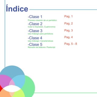 Índice
     -Clase 1                           Pag. 1
     Proceso creación de un periódico

     -Clase 2                           Pag. 2
     Color e impresión, Cuatricromía

     -Clase 3                           Pag. 3
     Uso Indesign para periódicos
                                        Pag. 4
     -Clase 4
     Uso Indesign: Caracteristicas
                                        Pag. 5 - 8
     -Clase 5
     Revisión de bitácora: Postscript