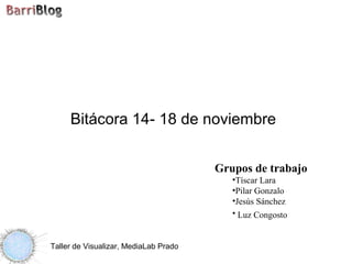 Taller de Visualizar, MediaLab Prado
Bitácora 14- 18 de noviembre
Grupos de trabajo
•Tíscar Lara
•Pilar Gonzalo
•Jesús Sánchez
• Luz Congosto
 