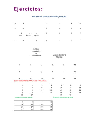 Ejercicios:
                             NOMBRE DEL ARCHIVO: EJERCICIO1_CAPTURA


A           B                     C            D              E            F         G

a           b                      c           d              e            f         g

        1           2              3           4              5            6         7
    12456       45678            98765

(           )                      $           %               :           ;         /



                               instituto
                            tecnológico
                                  de
                            Villahermosa                MEXICO DISTRITO
                                                           FEDERAL



     H                  I                  J            K           L           M


     h                  i                  j            k           l           m


       8          9            10                   11             12           13
SE INTRODUJERON CARACTERES Y PALABRAS.

        1         2                       3         4           5         6           7
        2         4                       6         8          10        12          14
        3         6                       9        12          15        18          21
        4         8                      12        16          20        24          28
       10        20                                            50        60
SUMAS RUDIMENTARIAS                                     SUMA SEMIRUDIMENTARIA

          8                  9           10        11
         16                 18           20        22
         24                 27           30        33
         32                 36           40        44
 