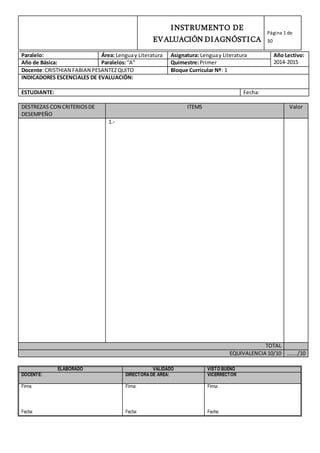 INSTRUMENTO DE
EVALUACIÓN DIAGNÓSTICA
Página 1 de
30
Paralelo: Área: Lenguay Literatura Asignatura: Lenguay Literatura Año Lectivo:
2014-2015Año de Básica: Paralelos:“A” Quimestre:Primer
Docente:CRISTHIAN FABIAN PESANTEZQUITO Bloque Curricular Nº: 1
INDICADORES ESCENCIALES DE EVALUACIÓN:
ESTUDIANTE: Fecha:
DESTREZAS CON CRITERIOSDE
DESEMPEÑO
ITEMS Valor
1.-
TOTAL
EQUIVALENCIA 10/10 …..../10
ELABORADO VALIDADO VISTO BUENO
DOCENTE: DIRECTORA DE ÁREA: VICERRECTOR
Firma:
Fecha:
Firma:
Fecha:
Firma:
Fecha:
 