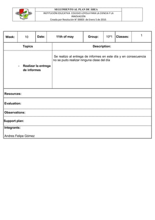 SEGUIMIENTO AL PLAN DE ÁREA
                           INSTITUCIÓN EDUCATIVA COLEGIO LOYOLA PARA LA CIENCIA Y LA
                                                    INNOVACIÓN
                                 Creada por Resolución N° 00003 de Enero 5 de 2010.




 Week:          10     Date:          11th of may              Group:        10º1      Classes:   1


              Topics                                               Description:


                                     Se realizo al entrega de informes en este día y en consecuencia
                                    no se pudo realizar ninguna clase del día
         -    Realizar la entrega
              de informes




Resources:


Evaluation:

Observations:

Support plan:

Integrants:

Andres Felipe Gómez
 