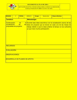 SEGUIMIENTO AL PLAN DE ÁREA
INSTITUCIÓN EDUCATIVA COLEGIO LOYOLA PARA LA CIENCIA YLA INNOVACIÓN
Creada por Resolución N° 00003 de Enero 5 de 2010.
SEMANA: 4 FECHA: 20/02/13 Grupo: Noveno dos Clases efectivas:
Temática: Metodología:
Continuación de la Durante esta clase secontinuo con la socialización acerca de las
socialización de las ideas de proyecto que se tenían en cada uno de las mesas de
propuestas de proyecto trabajo debido a que la clase anterior el tiempo no fue suficiente
ya que hubo mucha participación.
RECURSOS:
EVALUACIÓN:
OBSERVACIONES:
DESARROLLO DE PLANES DE APOYO: