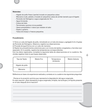 Materiales:
   · Hígado de pollo fresco (panita) trozado en pequeños cubos
   · Manzana cruda, pelada y trozada en pequeños cubos de similar tamaño que el hígado
   · Peróxido de Hidrógeno o agua oxigenada de 10 v.
   · Agua hirviendo.
   · Cubos de hielo
   · Termómetro químico (si es posible)
   · Vasos precipitados o vasos que resistan el calor
   · Pipeta o gotario.
   · Tubos de ensayo o frascos pequeños.



Procedimiento:

1) Toma un cubo de hígado de pollo, introdúcelo en un tubo de ensayo y agrégale 5 ml o 5 gotas
de Peróxido de Hidrógeno. Observa y registra tus observaciones.
2) Procede de igual forma con un cubo de manzana.
3) Repite los procedimientos anteriores pero con trozos de tejidos congelados y hervidos (por
separado). En lo posible, registra las temperaturas correspondientes.
Con los datos registrados, completa la siguiente tabla de observaciones en tu cuaderno. No
olvides registrar todo lo que hayas observado:
                                                                                                     25

     Tipo de Tejido            Medio Frío             Temperatura            Medio Caliente
                                                       Ambiente

    Hígado de pollo

        Manzana


Reflexiona en base a la experiencia realizada y contesta en tu cuaderno las siguientes preguntas:

· Piensa en la ecuación química que representa la degradación del agua oxigenada.
En esta reacción: ¿Qué representa el agua oxigenada, el tejido, las burbujas y el líquido presente
en el tubo después de la reacción?
 