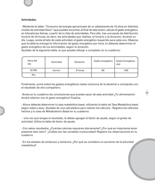 Actividades:

· Mediante la tabla: “Consumo de energía aproximado de un adolescente de 15 años en distintos
niveles de actividad física” (que puedes encontrar al final de este texto), calcula el gasto energético,
en kilocalorías diarias, a partir de tu lista de actividades. Para ello, has una pauta de distribución
horaria de 24 horas, es decir, las actividades que realizas, el horario y la duración, durante un
día. Luego, anota al lado de cada actividad, el gasto energético requerido para cada una. Observa
que la tabla te entrega la información de gasto energético por hora, tú deberás determinar el
gasto energético de tus actividades, según la duración.
Ayúdate de la siguiente tabla, la que puedes dibujar y completar en tu cuaderno:


     Hora del                                                   Gasto energético    Gasto Energético
                          Actividad            Duración
     día                                                                            real

       10 PM               dormir               9 horas                60                  540
         Etc.



Finalmente, suma todos los gastos energéticos reales (columna de la derecha) y compáralo con
el resultado de otro compañero.

                                                                                                           33
 Anota en tu cuaderno las conclusiones que puedes sacar de esta actividad ¿Tu alimentación
tendrá relación con el gasto energético? Explica.

· Ahora deberás determinar tu tasa metabólica basal, utilizando la tabla de Tasa Metabólica basal
según edad y sexo. Ayúdate de una calculadora para realizar los cálculos . Registra los cállculos
hechos y tu tasa de Metabolismo Basal en tu cuaderno.

· Una vez que tengas el resultado, le debes agregar el factor de ajuste, según el grado de
actividad. Utiliza la tabla de factor de ajuste.

· Con estos resultados, ¿Cuántas calorías requieres diariamente? ¿Por qué es importante tener
presente este valor? ¿Cuáles son las variables involucradas? Registra tus observaciones en tu
cuaderno

· En los estados de embarazo y lactancia: ¿Por qué se considera un aumento de la actividad
metabólica?
 