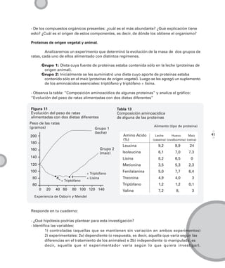 · De los compuestos orgánicos presentes: ¿cuál es el más abundante? ¿Qué explicación tiene
esto? ¿Cuál es el origen de estos componentes, es decir, de dónde los obtiene el organismo?

Proteínas de origen vegetal y animal.

        Analizaremos un experimento que determinó la evolución de la masa de dos grupos de
ratas, cada uno de ellos alimentado con distintos regímenes.

          Grupo 1: Dieta cuya fuente de proteínas estaba contenida sólo en la leche (proteínas de
           origen animal).
          Grupo 2: Inicialmente se les suministró una dieta cuyo aporte de proteínas estaba
           contenido sólo en el maíz (proteínas de origen vegetal). Luego se les agregó un suplemento
           de los aminoácidos esenciales: triptófano y triptófano + lisina.

· Observa la tabla: “Composición aminoacídica de algunas proteínas” y analiza el gráfico:
“Evolución del peso de ratas alimentadas con dos dietas diferentes”

Figura 11                                            Tabla 13
Evolución del peso de ratas                          Composición aminoacídica
alimentadas con dos dietas diferentes                de alguna de las proteínas
Peso de las ratas
(gramos)                                                                  Alimento (tipo de proteína)
                                        Grupo 1
                                        (leche)                                                           41
200                                                     Amino Acido        Leche      Huevo      Maíz
                                                        (%)              (caseína) (ovalbúmina) (ceína)
180
                                                        Leucina             9,2         9,9       24
160                                        Grupo 2
                                           (maiz)       Isoleucina          6,1         7,0      7,3
140                                                     Lisina              8,2         6,5        0
120                                                     Metionina           3,5         5,3      2,3
100                                                     Fenilalanina        5,0         7,7      6,4
                                    + Triptófano
 80                                 + Lisina            Treonina            4,9         4,0        3
                     + Triptófano
 60                                                     Triptófano          1,2         1,2      0,1
      0     20    40 60    80 100 120 140               Valina              7,2          8,        3
  Experiencia de Osborn y Mendel



Responde en tu cuaderno:

· ¿Qué hipótesis podrías plantear para esta investigación?
· Identifica las variables:
         1) controladas (aquellas que se mantienen sin variación en ambos experimentos)
         2) experimentales: 2a) dependiente (o respuesta, es decir, aquella que varía según las
         diferencias en el tratamiento de los animales) e 2b) independiente (o manipulada, es
         decir, aquella que el experimentador varía según lo que quiera investigar).
 