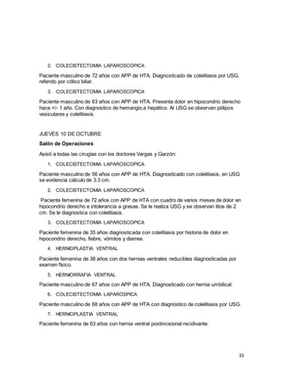 33
2. COLECISTECTOMIA LAPAROSCOPICA
Paciente masculino de 72 años con APP de HTA. Diagnosticado de colelitiasis por USG,
referido por cólico biliar.
3. COLECISTECTOMIA LAPAROSCOPICA
Paciente masculino de 63 años con APP de HTA. Presenta dolor en hipocondrio derecho
hace +/- 1 año. Con diagnostico de hemangio,a hepático. Al USG se observan pólipos
vesiculares y colelitiasis.
JUEVES 10 DE OCTUBRE
Salón de Operaciones
Asistí a todas las cirugías con los doctores Vargas y Garzón:
1. COLECISTECTOMIA LAPAROSCOPICA
Paciente masculino de 56 años con APP de HTA. Diagnosticado con colelitiasis, en USG
se evidencia cálculo de 3.3 cm.
2. COLECISTECTOMIA LAPAROSCOPICA
Paciente femenina de 72 años con APP de HTA con cuadro de varios meses de dolor en
hipocondrio derecho e intolerancia a grasas. Se le realiza USG y se observan litos de 2
cm. Se le diagnostica con colelitiasis.
3. COLECISTECTOMIA LAPAROSCOPICA
Paciente femenina de 35 años diagnosticada con colelitiasis por historia de dolor en
hipocondrio derecho, fiebre, vómitos y diarrea.
4. HERNIOPLASTIA VENTRAL
Paciente femenina de 38 años con dos hernias ventrales reducibles diagnosticadas por
examen físico.
5. HERNIORRAFIA VENTRAL
Paciente masculino de 67 años con APP de HTA. Diagnosticado con hernia umbilical.
6. COLECISTECTOMIA LAPAROSPICA
Paciente masculino de 68 años con APP de HTA con diagnóstico de colelitiasis por USG.
7. HERNIOPLASTIA VENTRAL
Paciente femenina de 63 años con hernia ventral postincisional recidivante.
 