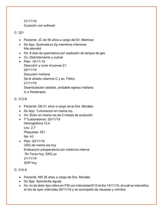 21/11/19
Curación con sufrexal
C: 321
• Paciente: JC de 56 años a cargo del Dr. Martínez
• Dx App: Quemadura 2g miembros inferiores
Hta atenolol
• Hx: 8 dias de quemadura por explosión de tanque de gas
• Cx: Debridamiento y cuticel
• Plan: 19-11-19
Descubrir y curar el jueves 21.
20/11/19
Descubrir mañana
Se le añadio vitamina C y ac. Fólico
21/11/19
Deambulación asistida, probable egreso mañana
Ic a fisioterapia.
C: 313 B
• Paciente: EB 51 años a cargo de la Dra. Morales
• Dx App: Tumoracion en mama izq.
• Hx: Dolor en mama izq de 2 meses de evolución
• T°/Laboratorios: 20/11/19
Hemoglobina:12.4
Leu: 2.7
Plaquetas: 521
Na: 43
• Plan: 20/11/19
USG de mama izq hoy
Evaluacion preoperatoria por medicina interna
Rx Torax hoy, EKG ya
21/11/19
SOP hoy
C: 319 A
• Paciente: NR 26 años a cargo de Dra. Morales
• Dx App: Apendicitis aguda
• Hx: hx de dolor tipo cólico en FID con intensidad 6/10 el día 14/11/19, el cuál se intensifica
el día de ayer miércoles 20/11/19 y se acompañó de náuseas y vómitos.
 
