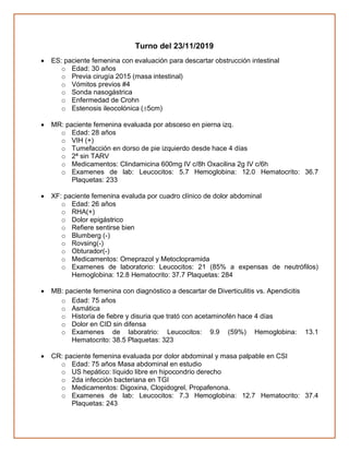 Turno del 23/11/2019
• ES: paciente femenina con evaluación para descartar obstrucción intestinal
o Edad: 30 años
o Previa cirugía 2015 (masa intestinal)
o Vómitos previos #4
o Sonda nasogástrica
o Enfermedad de Crohn
o Estenosis ileocolónica (5cm)
• MR: paciente femenina evaluada por absceso en pierna izq.
o Edad: 28 años
o VIH (+)
o Tumefacción en dorso de pie izquierdo desde hace 4 días
o 2ª sin TARV
o Medicamentos: Clindamicina 600mg IV c/8h Oxacilina 2g IV c/6h
o Examenes de lab: Leucocitos: 5.7 Hemoglobina: 12.0 Hematocrito: 36.7
Plaquetas: 233
• XF: paciente femenina evaluda por cuadro clínico de dolor abdominal
o Edad: 26 años
o RHA(+)
o Dolor epigástrico
o Refiere sentirse bien
o Blumberg (-)
o Rovsing(-)
o Obturador(-)
o Medicamentos: Omeprazol y Metoclopramida
o Examenes de laboratorio: Leucocitos: 21 (85% a expensas de neutrófilos)
Hemoglobina: 12.8 Hematocrito: 37.7 Plaquetas: 284
• MB: paciente femenina con diagnóstico a descartar de Diverticulitis vs. Apendicitis
o Edad: 75 años
o Asmática
o Historia de fiebre y disuria que trató con acetaminofén hace 4 días
o Dolor en CID sin difensa
o Examenes de laboratrio: Leucocitos: 9.9 (59%) Hemoglobina: 13.1
Hematocrito: 38.5 Plaquetas: 323
• CR: paciente femenina evaluada por dolor abdominal y masa palpable en CSI
o Edad: 75 años Masa abdominal en estudio
o US hepático: líquido libre en hipocondrio derecho
o 2da infección bacteriana en TGI
o Medicamentos: Digoxina, Clopidogrel, Propafenona.
o Examenes de lab: Leucocitos: 7.3 Hemoglobina: 12.7 Hematocrito: 37.4
Plaquetas: 243
 