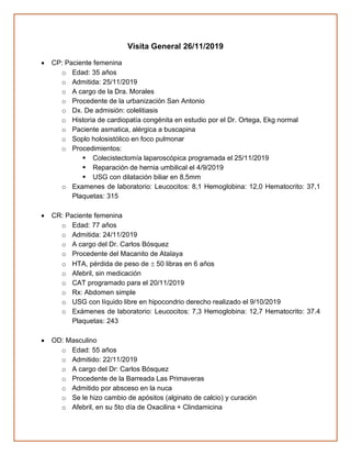 Visita General 26/11/2019
• CP: Paciente femenina
o Edad: 35 años
o Admitida: 25/11/2019
o A cargo de la Dra. Morales
o Procedente de la urbanización San Antonio
o Dx. De admisión: colelitiasis
o Historia de cardiopatía congénita en estudio por el Dr. Ortega, Ekg normal
o Paciente asmatica, alérgica a buscapina
o Soplo holosistólico en foco pulmonar
o Procedimientos:
▪ Colecistectomía laparoscópica programada el 25/11/2019
▪ Reparación de hernia umbilical el 4/9/2019
▪ USG con dilatación biliar en 8,5mm
o Examenes de laboratorio: Leucocitos: 8,1 Hemoglobina: 12,0 Hematocrito: 37,1
Plaquetas: 315
• CR: Paciente femenina
o Edad: 77 años
o Admitida: 24/11/2019
o A cargo del Dr. Carlos Bósquez
o Procedente del Macanito de Atalaya
o HTA, pérdida de peso de  50 libras en 6 años
o Afebril, sin medicación
o CAT programado para el 20/11/2019
o Rx: Abdomen simple
o USG con líquido libre en hipocondrio derecho realizado el 9/10/2019
o Exámenes de laboratorio: Leucocitos: 7,3 Hemoglobina: 12,7 Hematocrito: 37.4
Plaquetas: 243
• OD: Masculino
o Edad: 55 años
o Admitido: 22/11/2019
o A cargo del Dr: Carlos Bósquez
o Procedente de la Barreada Las Primaveras
o Admitido por absceso en la nuca
o Se le hizo cambio de apósitos (alginato de calcio) y curación
o Afebril, en su 5to día de Oxacilina + Clindamicina
 