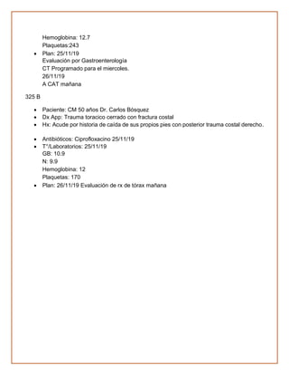 Hemoglobina: 12.7
Plaquetas:243
• Plan: 25/11/19
Evaluación por Gastroenterología
CT Programado para el miercoles.
26/11/19
A CAT mañana
325 B
• Paciente: CM 50 años Dr. Carlos Bósquez
• Dx App: Trauma toracico cerrado con fractura costal
• Hx: Acude por historia de caída de sus propios pies con posterior trauma costal derecho.
• Antibióticos: Ciprofloxacino 25/11/19
• T°/Laboratorios: 25/11/19
GB: 10.9
N: 9.9
Hemoglobina: 12
Plaquetas: 170
• Plan: 26/11/19 Evaluación de rx de tórax mañana
 