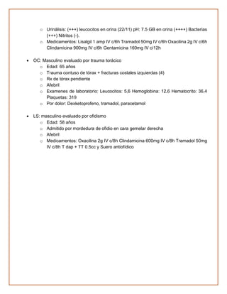 o Urinálisis: (+++) leucocitos en orina (22/11) pH: 7.5 GB en orina (++++) Bacterias
(+++) Nitritos (-).
o Medicamentos: Lisalgil 1 amp IV c/6h Tramadol 50mg IV c/6h Oxacilina 2g IV c/6h
Clindamicina 900mg IV c/6h Gentamicina 160mg IV c/12h
• OC: Masculino evaluado por trauma torácico
o Edad: 65 años
o Trauma contuso de tórax + fracturas costales izquierdas (4)
o Rx de tórax pendiente
o Afebril
o Examenes de laboratorio: Leucocitos: 5,6 Hemoglobina: 12,6 Hematocrito: 36,4
Plaquetas: 319
o Por dolor: Dexketoprofeno, tramadol, paracetamol
• LS: masculino evaluado por ofidismo
o Edad: 58 años
o Admitido por mordedura de ofidio en cara gemelar derecha
o Afebril
o Medicamentos: Oxacilina 2g IV c/8h Clindamicina 600mg IV c/8h Tramadol 50mg
IV c/8h T dap + TT 0.5cc y Suero antiofídico
 
