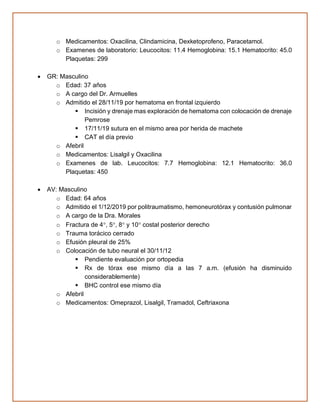 o Medicamentos: Oxacilina, Clindamicina, Dexketoprofeno, Paracetamol.
o Examenes de laboratorio: Leucocitos: 11.4 Hemoglobina: 15.1 Hematocrito: 45.0
Plaquetas: 299
• GR: Masculino
o Edad: 37 años
o A cargo del Dr. Armuelles
o Admitido el 28/11/19 por hematoma en frontal izquierdo
▪ Incisión y drenaje mas exploración de hematoma con colocación de drenaje
Pemrose
▪ 17/11/19 sutura en el mismo area por herida de machete
▪ CAT el día previo
o Afebril
o Medicamentos: Lisalgil y Oxacilina
o Examenes de lab. Leucocitos: 7.7 Hemoglobina: 12.1 Hematocrito: 36.0
Plaquetas: 450
• AV: Masculino
o Edad: 64 años
o Admitido el 1/12/2019 por politraumatismo, hemoneurotórax y contusión pulmonar
o A cargo de la Dra. Morales
o Fractura de 4, 5, 8 y 10 costal posterior derecho
o Trauma torácico cerrado
o Efusión pleural de 25%
o Colocación de tubo neural el 30/11/12
▪ Pendiente evaluación por ortopedia
▪ Rx de tórax ese mismo día a las 7 a.m. (efusión ha disminuido
considerablemente)
▪ BHC control ese mismo día
o Afebril
o Medicamentos: Omeprazol, Lisalgil, Tramadol, Ceftriaxona
 