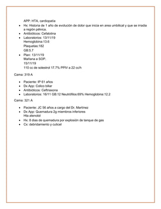 APP: HTA, cardiopatía
• Hx: Historia de 1 año de evolución de dolor que inicia en area umbilical y que se irradia
a región pélvica.
• Antibióticos: Cefalotina
• Laboratorios: 13/11/19
Hemoglobina:13.6
Plaquetas:182
GB:5.7
• Plan: 13/11/19
Mañana a SOP.
15/11/19
110 cc de solestrol 17.7% PPIV a 22 cc/h
Cama: 319 A
• Paciente: IP 61 años
• Dx App: Colico biliar
• Antibióticos: Ceftriaxona
• Laboratorios: 16/11 GB:12 Neutrófilos:69% Hemoglobina:12.2
Cama: 321 A
• Paciente: JC 56 años a cargo del Dr. Martínez
• Dx App: Quemadura 2g miembros inferiores
Hta atenolol
• Hx: 8 dias de quemadura por explosión de tanque de gas
• Cx: debridamiento y cuticel
 
