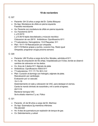 19 de noviembre
C: 327
• Paciente: GH 33 años a cargo del Dr. Carlos Bósquez
• Dx App: Mordedura de ofidio en pierna izquierda
Fasceitis necrotizante
• Hx: Paciente con mordedura de ofidio en pierna izquierda
• Cx: Faciotomía 22/10
L y D 24/10
L y D 26/10 tejido desvitalizado y músculo necrótico
Colocacion de vac 28/10 Antibióticos: Ciprofloxacino 6/11
• T°/Laboratorios: Hemoglobina: 13.6 Plaquetas: 511
• Plan: 19-11-19 Reevaluación por ortopedia.
20/11/19 Retirar grapas y puntos, curacion hoy. Resto igual
Ortopedia: programar cirugia próxima semana
C: 329
• Paciente: UM 76 años a cargo de la Dra. Morales, admitida el 9/11
• Hx: App de amputación de 5to artejo, hospitalizada por 9 días; donde se observó
cambios de coloracion en los dedos.
• Cx: Amp de 3 dedos 9/11 Alginato de plata
• Antibióticos: Ciprofloxacino 400/d 9/11
• T°/Laboratorios: 7/11 17.7 N: 80 h: 9.2
• Plan: Curación el domingo con hidrogel y alginato de plata.
Reevaluación por cardiología
Evaluación por cx vascular.
19-11-19
Desbridamiento en sala y colocación de VAC, para destapar el viernes.
Cardio le mandó dinitrato de isosorbide y ref a cardio al egreso.
20/11/19
Mantener tenrapia VAC
Se le añadio vitamina C y ac. Fólico
C: 321
• Paciente: JC de 56 años a cargo del Dr. Martínez
• Dx App: Quemadura 2g miembros inferiores
Hta atenolol
• Hx: 8 dias de quemadura por explosión de tanque de gas
• Cx: Debridamiento y cuticel
 