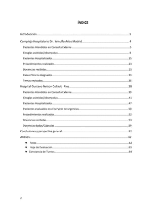 2
ÍNDICE
Introducción……………………………………………………………………………………………………………….………. 3
Complejo Hospitalario Dr. Arnulfo Arias Madrid………………………………………………….…… 4
Pacientes Atendidos en Consulta Externa ………………………………………………………………………..…5
Cirugías asistidas/observadas……………………………………………………………………………………….…… 8
Pacientes Hospitalizados……………………………………………………………………………………………………15
Procedimientos realizados…………………………………………………………………………………………………23
Docencias recibidas……………………………………………………………………………………………………………25
Casos Clínicos Asignados……………………………………………………………………………………………………33
Temas revisados………………………………………………………………………………………………………………..35
Hospital Gustavo Nelson Collado Ríos……………………………………………………………………...38
Pacientes Atendidos en Consulta Externa………………………………………………………………………….39
Cirugías asistidas/observadas…………………………………………………………………………………………….41
Pacientes Hospitalizados……………………………………………………………………………………………………47
Pacientes evaluados en el servicio de urgencias………………………………………………………………..50
Procedimientos realizados………………………………………………………………………………………………...52
Docencias recibidas……………………………………………………………………………………………………………53
Docencias dadas/Cápsulas ………………………………………………………………………………………………..59
Conclusiones y perspectiva general……………………………………………………………………………………….61
Anexos…………………………………………………………………………………………………..…………………………….62
 Fotos ………………………………………………………………………………………………………………..………62
 Hoja de Evaluación……………………………………………………………………………………………………63
 Constancia de Turnos…………………………………………………………………………………………………64
 