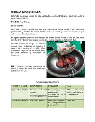 PROGRAMA QUIRÚRGICO DEL DÍA.
Solo hubo una cirugía en este día a la cuál acudimos junto al DR Espino. Nuestro preceptor a
cargo de esta rotación.
NOMBRE: José Ortega
EDAD: 30 años.
HISTORIA CLÍNICA: Paciente masculino, que refiere hace 4 meses, inicia con dolor abdominal
generalizado y pruebas de sangre oculta positiva en heces, paciente es investigado por
enfermedad inflamatoria intestinal.
En agosto paciente presenta exacerbación del cuadro clínico debido a dolor en fosa iliaca
derecha 8/10 y deterioro del estado general. Con pérdida de peso de 15 lb en 20 días.
Paciente durante la cirugía se observa
mucosa friable y endurecida por fibrosis en el
ciego y íleon terminal con posible fistula
posterior en ciego. Se decide realizar retiro
del área lesionada y realización de
ileostomía.
DIA 2: Empezando en sala nuevamente, se
realiza la visita y se hacen sus respectivas
evoluciones del. Día.
EVOLUCIÓN DE PACIENTES.
PACIENTE Y EDAD DIAGNÓSTICO EVOLUCIÓN PLAN
Jorge Pérez 18 años Trauma abdominal
cerrado.
Trauma hepático G III
Buen estado general.
Actualmente
tolerando vía oral y
deambulando
CAT abdomino
pélvico contratado el
8 de noviembre.
Eric Achurra 43 años Apendicitis aguda Buen estado general,
sin complicaciones
post - quirúrgico
Egreso hoy
 