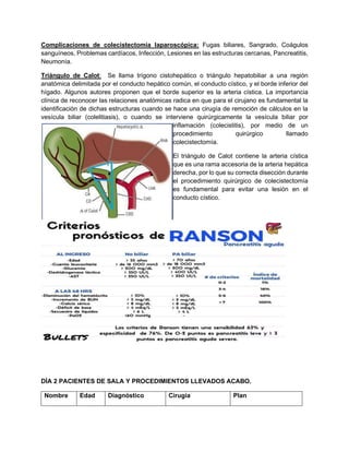 Complicaciones de colecistectomía laparoscópica: Fugas biliares, Sangrado, Coágulos
sanguíneos, Problemas cardíacos, Infección, Lesiones en las estructuras cercanas, Pancreatitis,
Neumonía.
Triángulo de Calot: Se llama trígono cistohepático o triángulo hepatobiliar a una región
anatómica delimitada por el conducto hepático común, el conducto cístico, y el borde inferior del
hígado. Algunos autores proponen que el borde superior es la arteria cística. La importancia
clínica de reconocer las relaciones anatómicas radica en que para el cirujano es fundamental la
identificación de dichas estructuras cuando se hace una cirugía de remoción de cálculos en la
vesícula biliar (colelitiasis), o cuando se interviene quirúrgicamente la vesícula biliar por
inflamación (colecistitis), por medio de un
procedimiento quirúrgico llamado
colecistectomía.
El triángulo de Calot contiene la arteria cística
que es una rama accesoria de la arteria hepática
derecha, por lo que su correcta disección durante
el procedimiento quirúrgico de colecistectomía
es fundamental para evitar una lesión en el
conducto cístico.
DÍA 2 PACIENTES DE SALA Y PROCEDIMIENTOS LLEVADOS ACABO.
Nombre Edad Diagnóstico Cirugía Plan
 