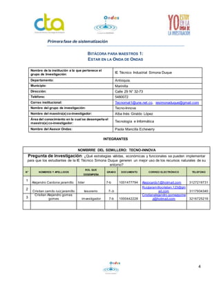 4 
Primera fase de sistematización 
BITÁCORA PARA MAESTROS 1: 
ESTAR EN LA ONDA DE ONDAS 
Nombre de la institución a la que pertenece el 
grupo de Investigación: 
IE Técnico Industrial Simona Duque 
Departamento: Antioquia. 
Municipio: Marinilla 
Dirección: Calle 29 N° 32-73 
Teléfono: 5480072 
Correo institucional: Tecnomat1@une.net.co, iesimonaduque@gmail.com 
Nombre del grupo de investigación: Tecno-Innova 
Nombre del maestro(a) co-investigador: Alba Inés Giraldo López 
Área del conocimiento en la cual se desempeña el 
Tecnología e Informática 
maestro(a) co-investigador: 
Nombre del Asesor Ondas: Paola Mancilla Echeverry 
INTEGRANTES 
NOMBRRE DEL SEMILLERO: TECNO-INNOVA 
Pregunta de investigación: ¿Qué estrategias válidas, económicas y funcionales se pueden implementar 
para que los estudiantes de la IE Técnico Simona Duque generen un mejor uso de los recursos naturales de su 
entorno? 
N° NOMBRES Y APELLIDOS 
ROL QUE 
DESEMPEÑA 
GRADO DOCUMENTO CORREO ELECTRÓNICO TELEFONO 
1 
Alejandro Cardona jaramillo lider 7-b 1001477794 Alejocardo1@hotmail.com 3127219731 
2 
Cristian camilo ruiz jaramillo tesorerro 7-.b 
Ruizjaramillocristian.123@gm 
ail.com 3117934340 
3 
Cristian Alejandro gomes 
gomes imvestigador 7-b 1000442228 
Cristianalejandro.gomezgome 
z@hotmail.com 3216725216 
 
