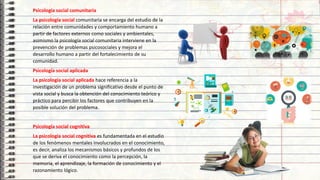 15
Psicología social comunitaria
La psicología social comunitaria se encarga del estudio de la
relación entre comunidades y comportamiento humano a
partir de factores externos como sociales y ambientales,
asimismo la psicología social comunitaria interviene en la
prevención de problemas psicosociales y mejora el
desarrollo humano a partir del fortalecimiento de su
comunidad.
Psicología social aplicada
La psicología social aplicada hace referencia a la
investigación de un problema significativo desde el punto de
vista social y busca la obtención del conocimiento teórico y
práctico para percibir los factores que contribuyen en la
posible solución del problema.
Psicología social cognitiva
La psicología social cognitiva es fundamentada en el estudio
de los fenómenos mentales involucrados en el conocimiento,
es decir, analiza los mecanismos básicos y profundos de los
que se deriva el conocimiento como la percepción, la
memoria, el aprendizaje, la formación de conocimiento y el
razonamiento lógico.
 